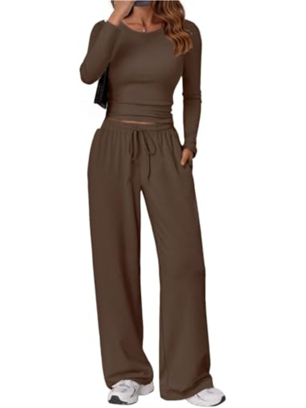 Women's 2 Piece Lounge Set Long Sleeve Crop Top Wide Leg Pants Sweatsuit